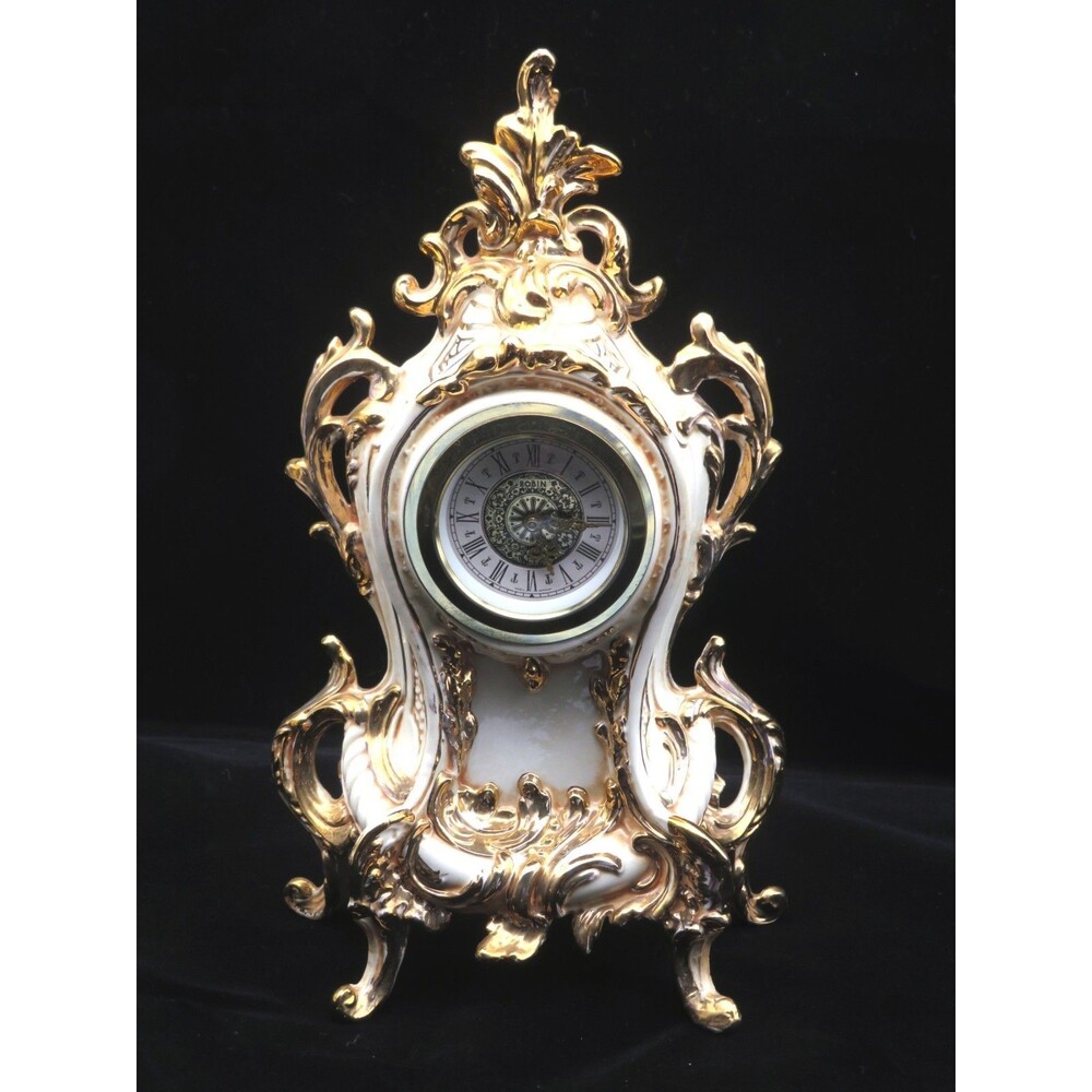Vintage West Germany Porcelain Mantel Clock Rococo Style Gold Gilt ROBIN
